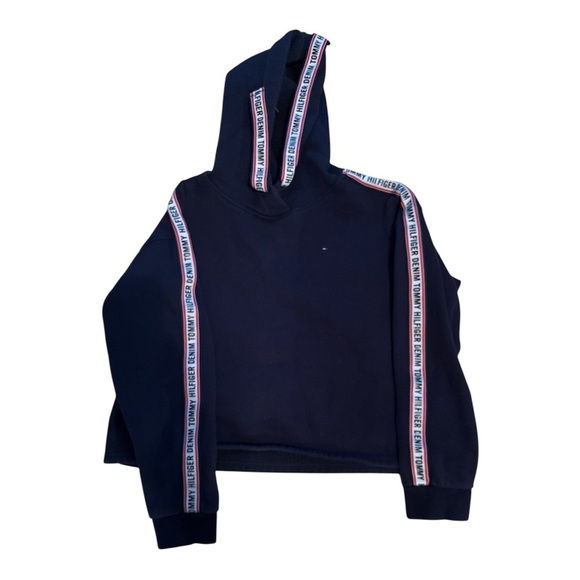 Tommy Hilfiger Tops - Tommy Hilfiger Navy Sweatshirt Hoodie Cropped with Logo Stripes Y2K SIZE LARGE